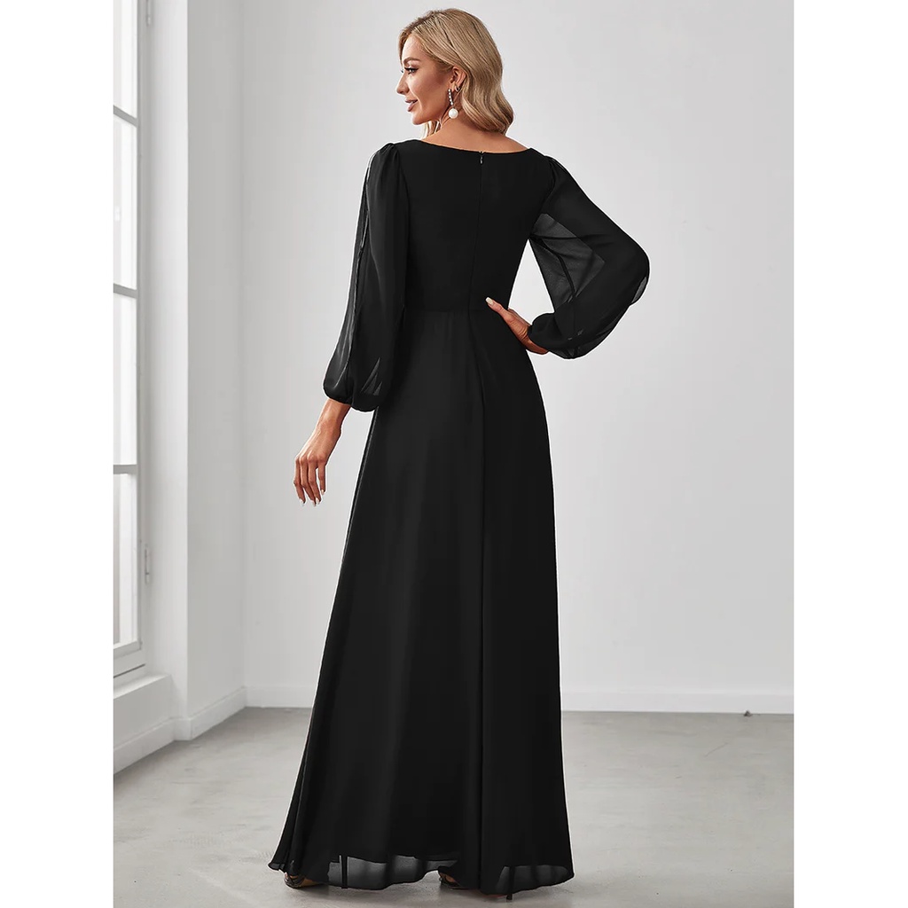 Long Lantern Sleeves V-Neck A-Line Evening Gowns (Black) (Retail)