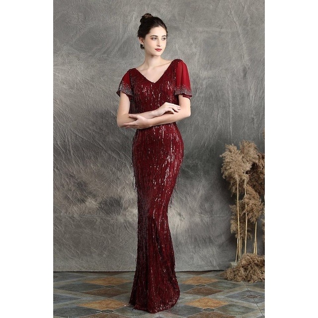 Flare Sleeve V-Neck Evening Gown (Burgundy) (Made To Order)
