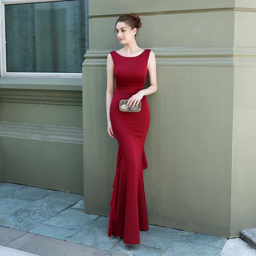 [MTO] Backless Long Mermaid Evening Gown - Burgundy