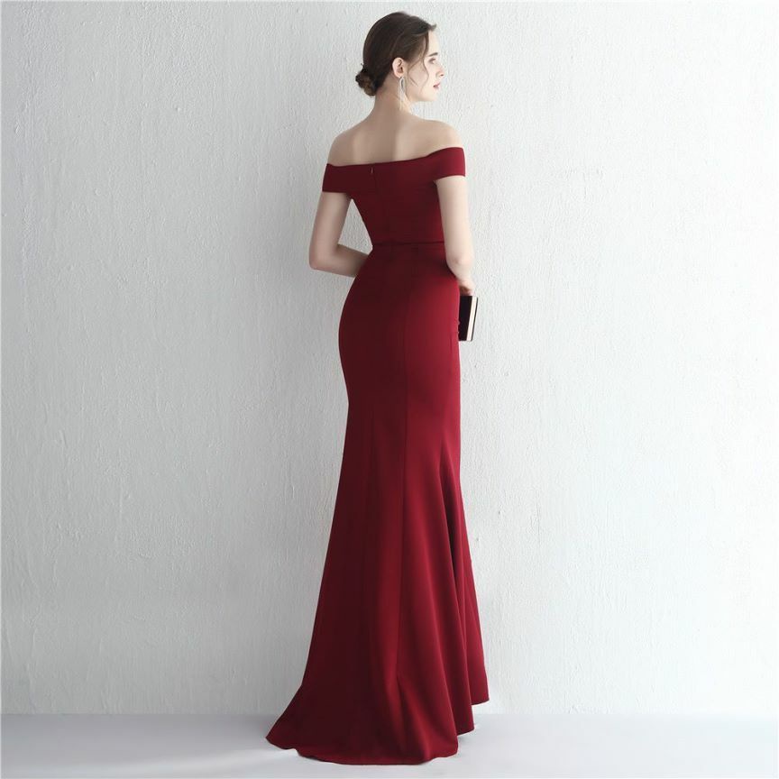 Off Shoulder Twist Slim Mermaid Long Evening Gown (Maroon) (Made To Order)