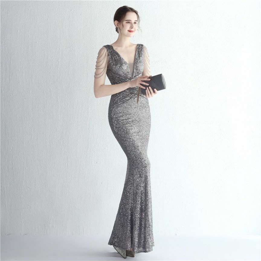 Illusion V-Neck Folded Waist Evening Gown (Silver) (Made To Order)
