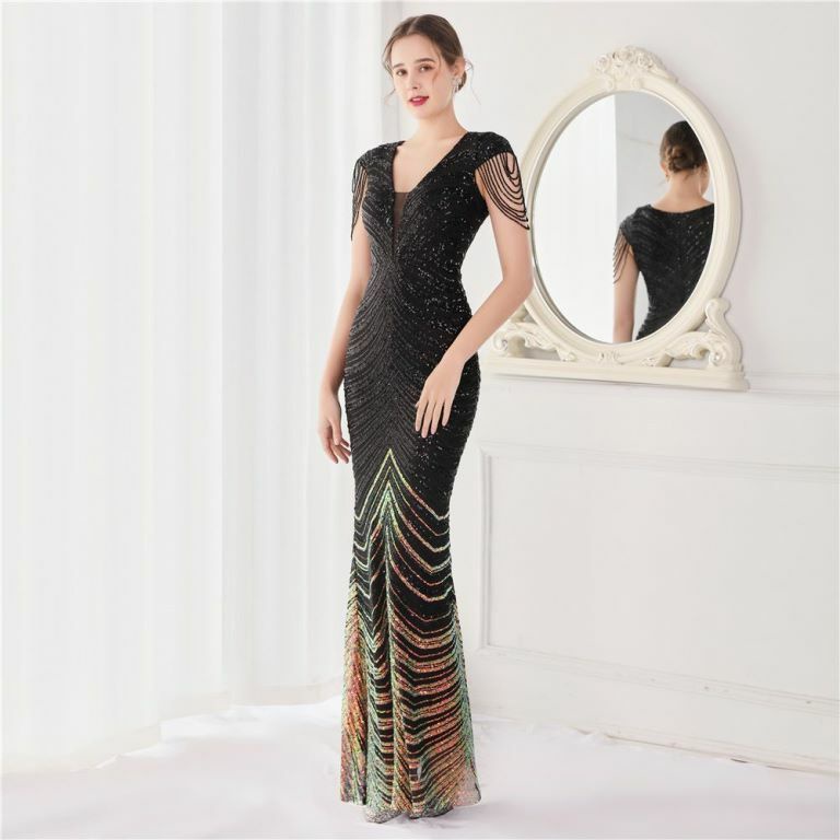 Illusion V-Neck Sequins with Beads Mermaid Evening Gown (Black) (Made To Order)