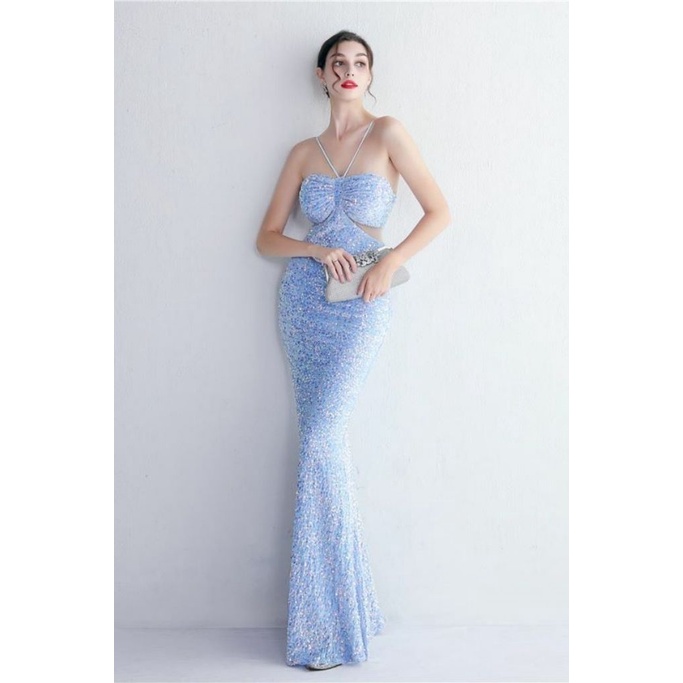 Strapless String With Keyhole Waist Mermaid Gown (SkyBlue) (Made To Order)