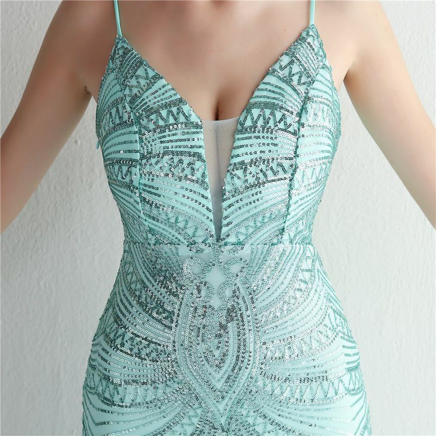 Low Back Spaghetti Mermaid Evening Gown (Light Green) (Made To Order)