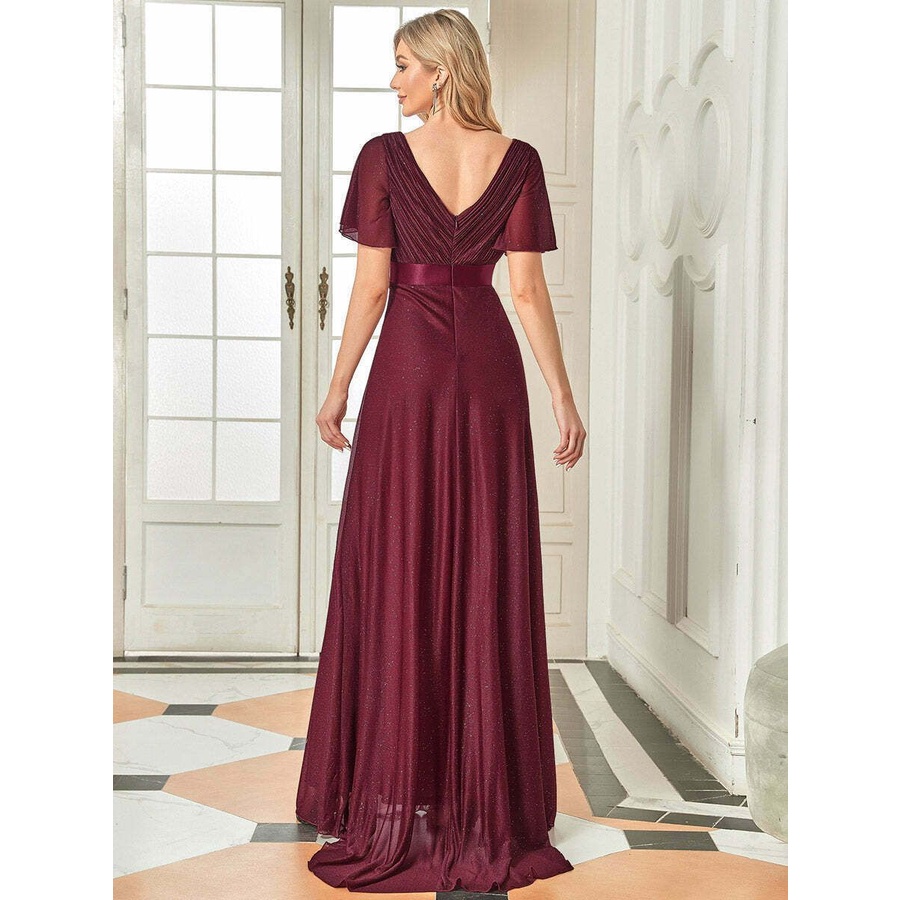 Deep V Neck Ruffles Sleeve A Line Evening Gown (Maroon) (Retail)