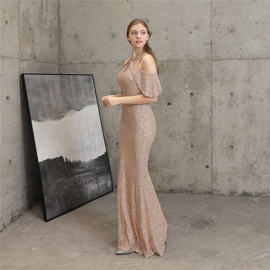 Cold Shoulder Sequins Mermaid Evening Gown (Gold) (Made To Order)