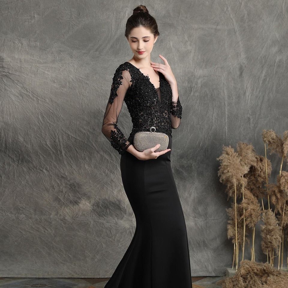 Long Sleeve Luxury Lace Fish Tail Mermaid Gown (Black) (Retail)