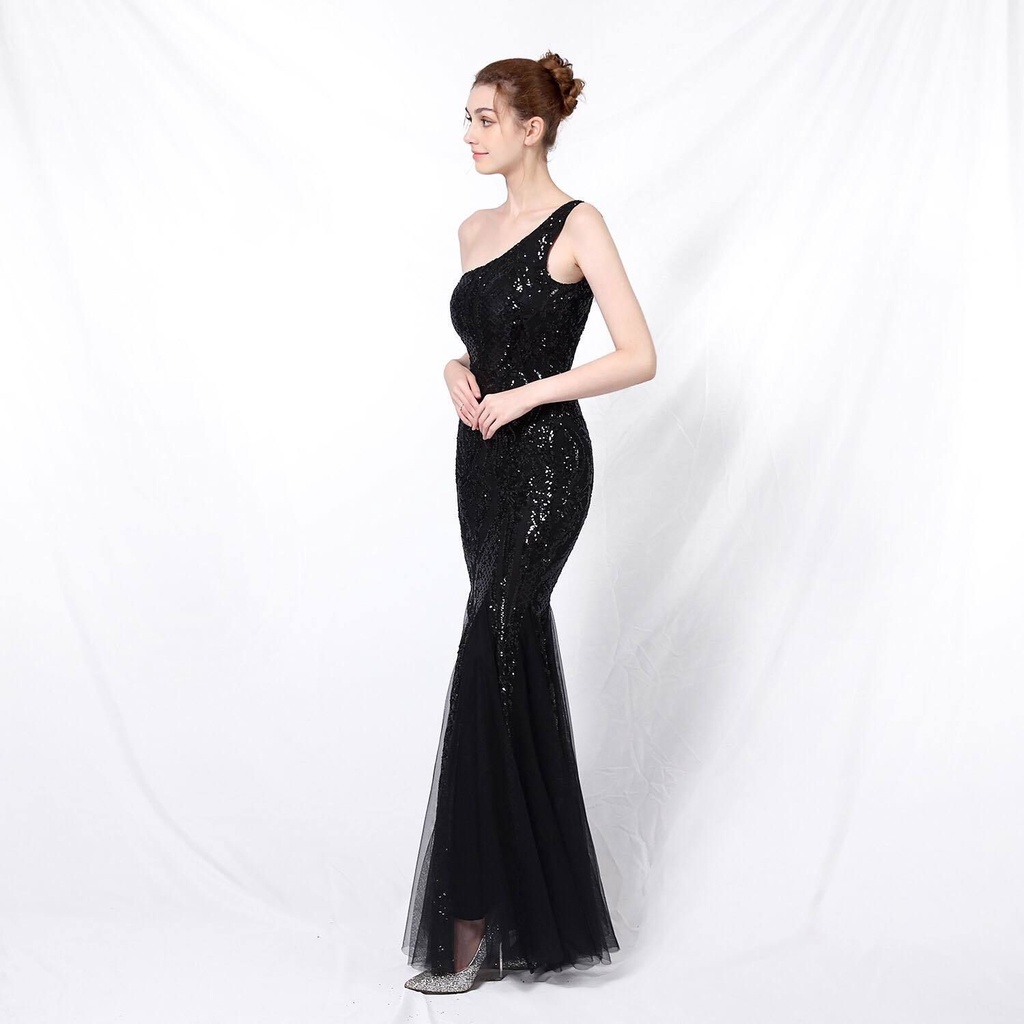 One Side Shoulder Sequins Mermaid Evening Gown (Black) (Made To Order)
