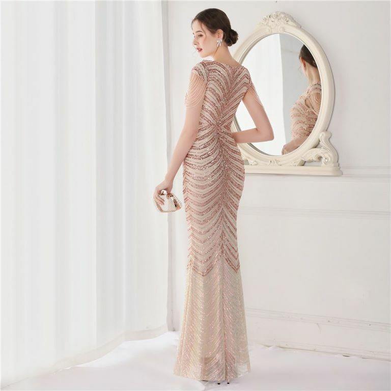 Illusion V-Neck Sequins with Beads Mermaid Evening Gown (Rose Gold) (Made To Order)