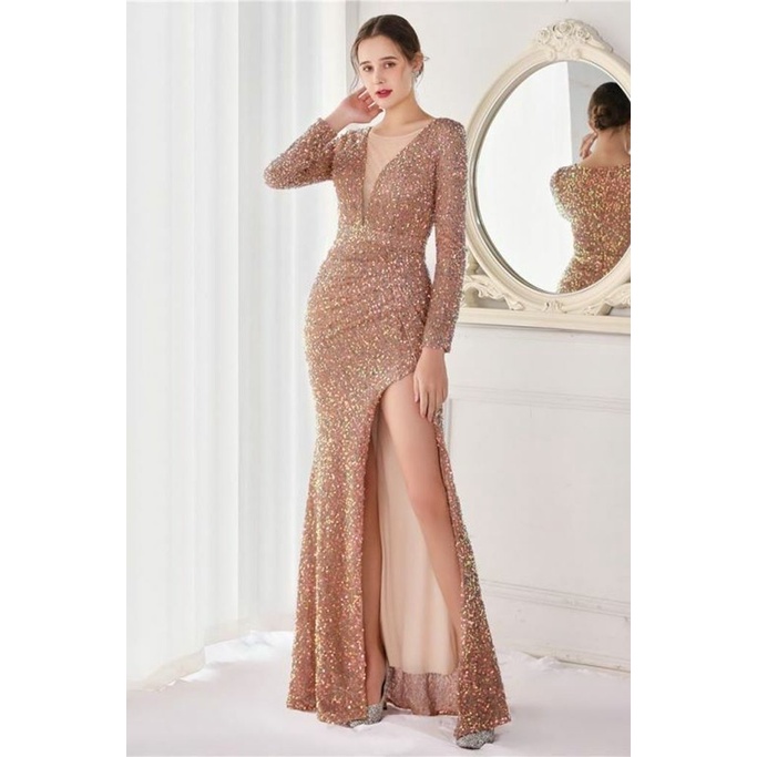 Long Sleeve Illusion V-Neck Evening Gowns (Gold) (Made To Order)
