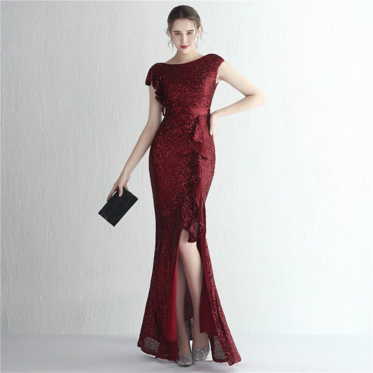 Cover Sleeve Sequins with Ruffles Slit Evening Gown (Maroon) (Made To Order)