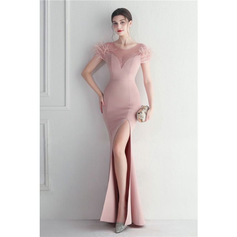 Short Sleeve with Feather Slim Cut Evening Gowns (Light Pink) (Made To Order)