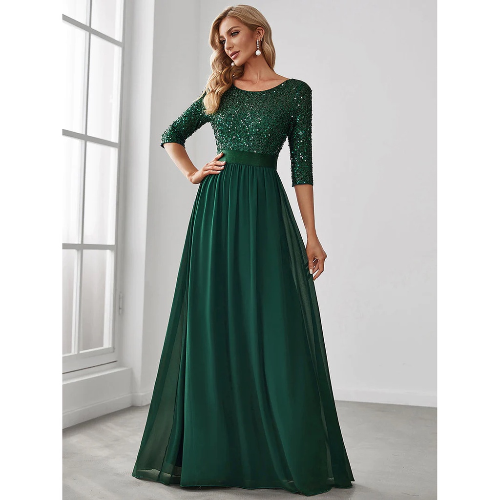 Half Sleeves Sequins A-Line Evening Gown (Green) (Made To Order)