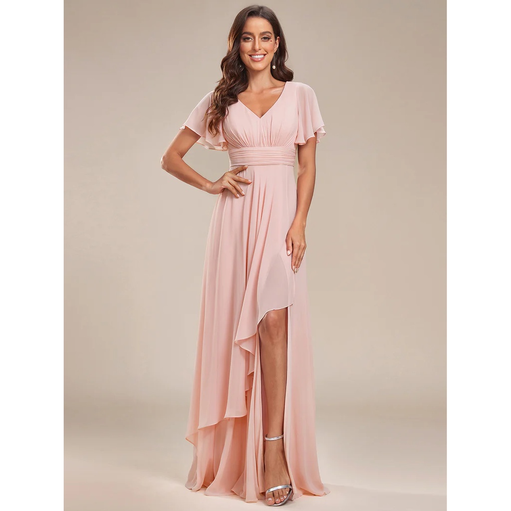Side Split V Neck Ruched Chiffon Dresses (Pink) (Retail)