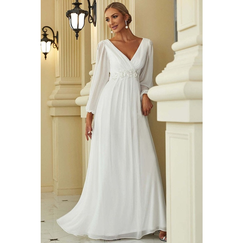 Long Lantern Sleeves V-Neck A-Line Evening Gowns (White) (Retail)