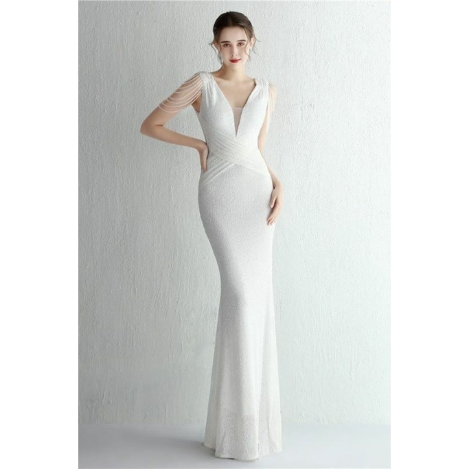 Illusion V-Neck Folded Waist Evening Gown (White) (Made To Order)