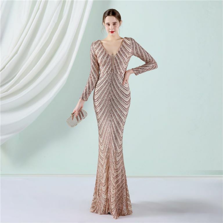 Long Sleeve Sequins Mermaid Evening Gown (Gold) (Made To Order)