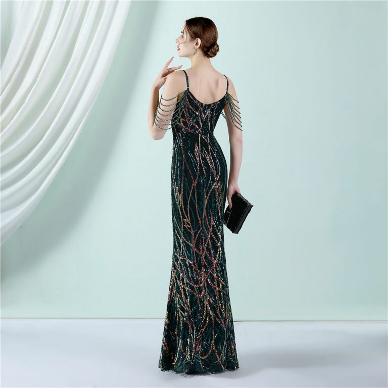 Spaghetti Pattern Sequins Mermaid Evening Gown (Green) (Made To Order)