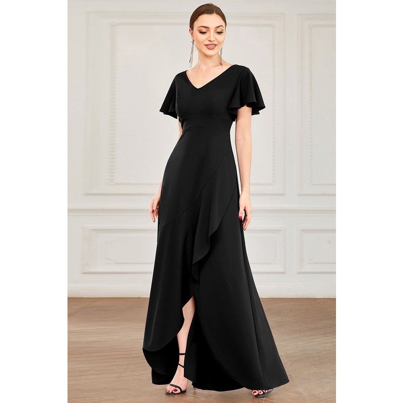 Deep V Neck Short Ruffles Sleeves Evening Dresses (Black) (Made To Order)