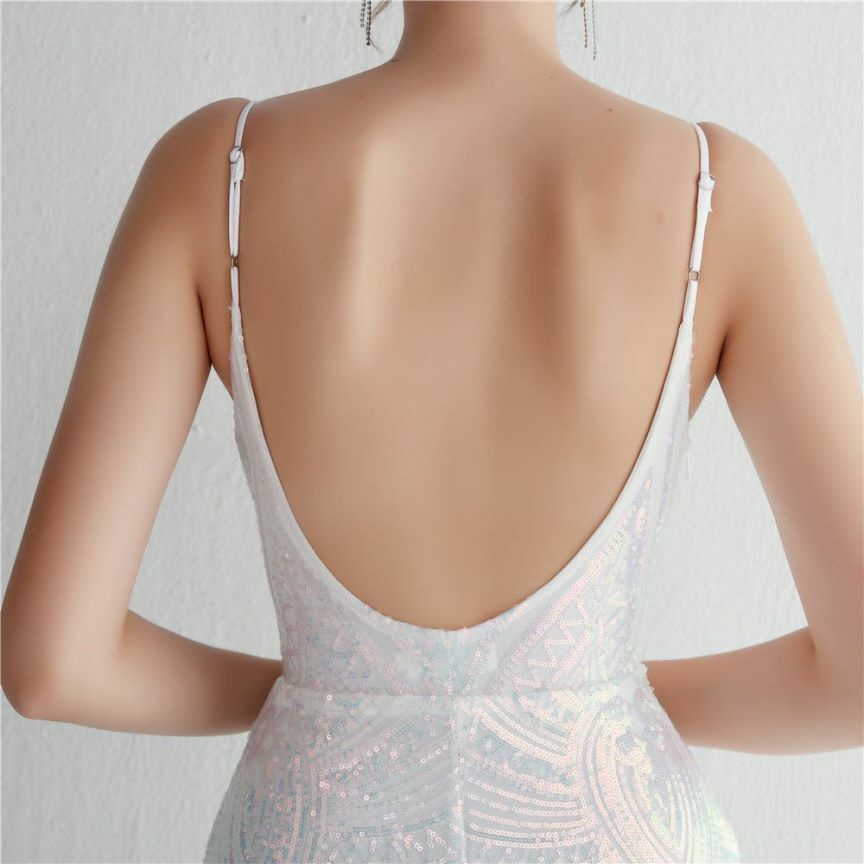 Low Back Spaghetti Mermaid Evening Gown (White) (Made To Order)