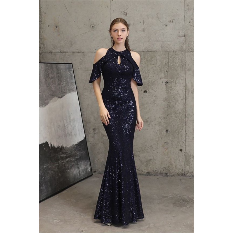 Cold Shoulder Sequins Mermaid Evening Gown (Navy Blue) (Made To Order)