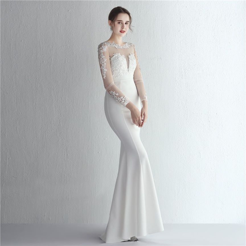 Elegant Long Sleeve Lace Mermaid Evening Gown (White) (Made To Order)