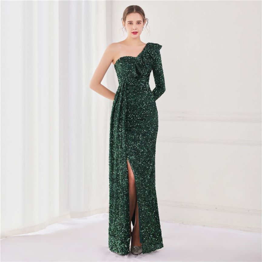 Ruffles One Side Long Sleeve Sequins Evening Gown (Green) (Made To Order)