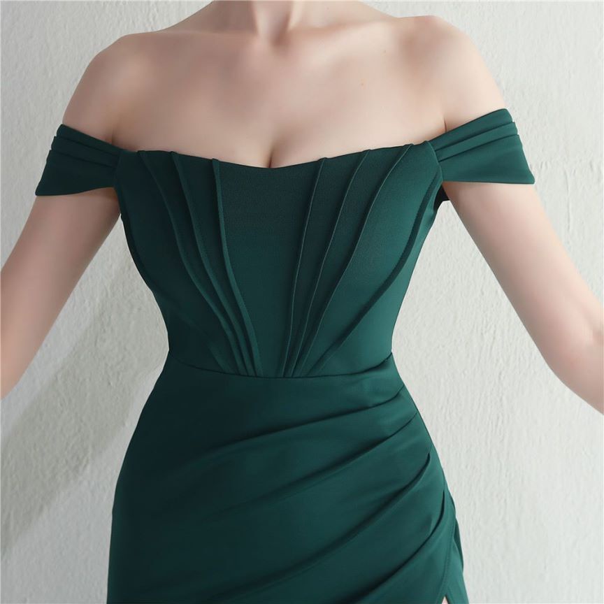 Off Shoulder Fitted with Overlap Slit Evening Gown (Green) (Made To Order)