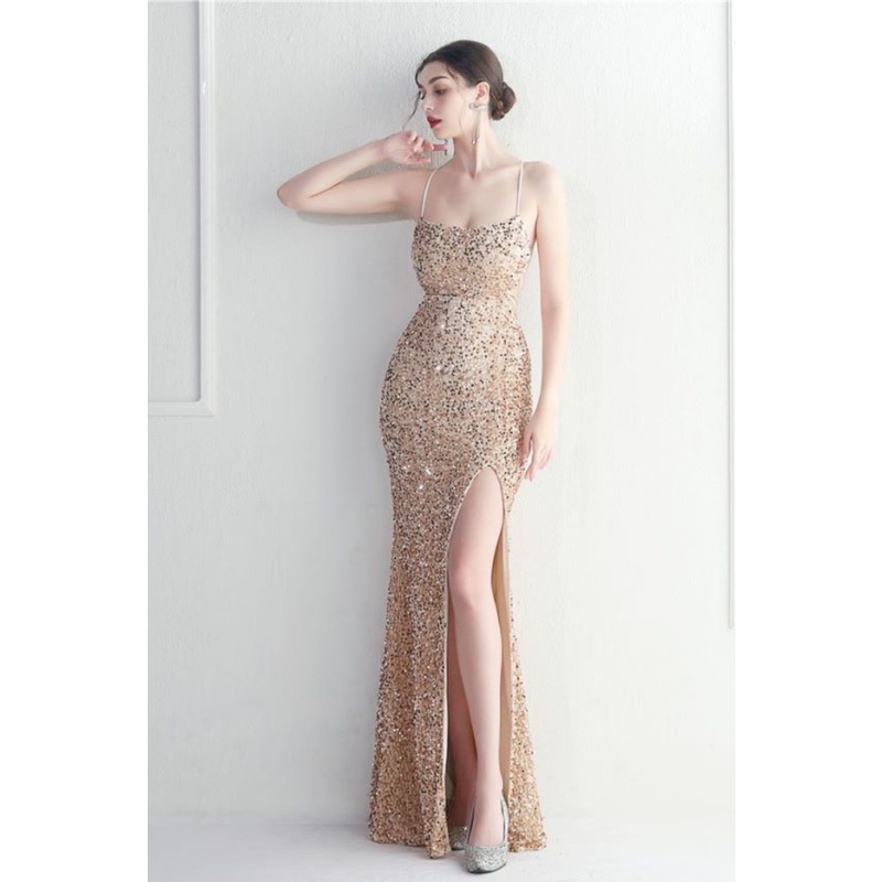 Back Cross String Sequins With Slit Evening Gown (Gold) (Made To Order)