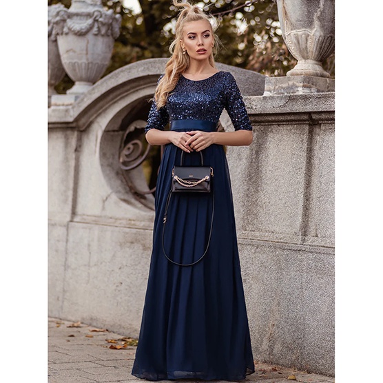 Half Sleeves Sequins A-Line Evening Gown (Navy Blue) (Made To Order)