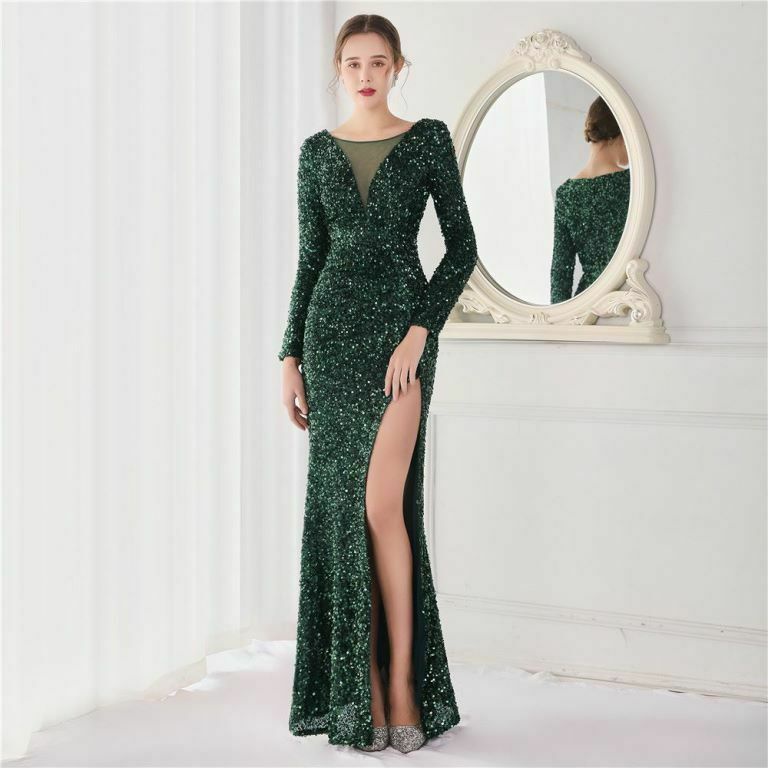 Long Sleeve Illusion V-Neck Evening Gowns (Green) (Retail)