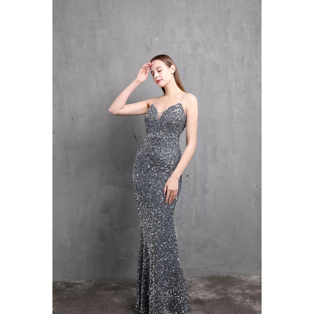 Spaghetti Sequins Mermaid Gown (Grey) (Made To Order)