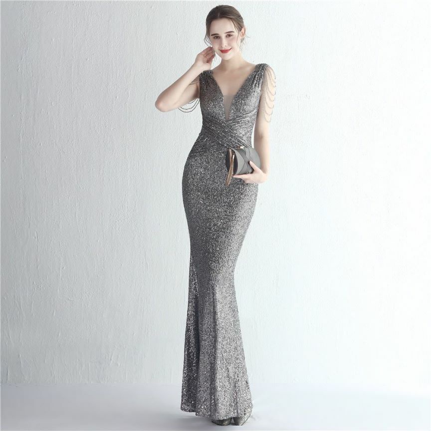 Illusion V-Neck Folded Waist Evening Gown (Silver) (Made To Order)