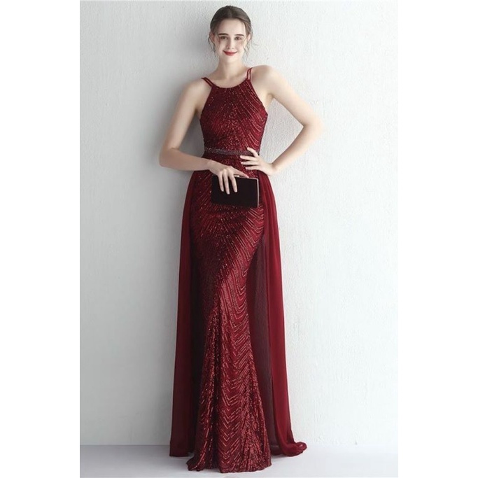 Halter Sequins with Cape Skirt in Mermaid Style Evening Gowns (Maroon) (Made To Order)