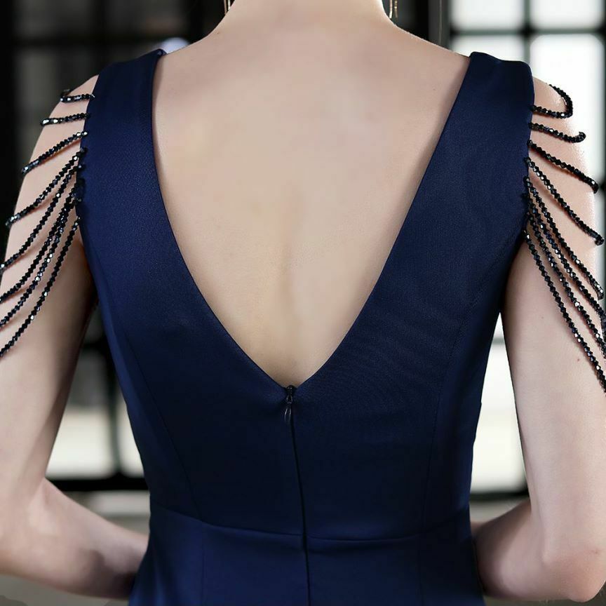 [ReadyStock] Beads Sleeve V-Neck Ruffles One Side Fitted Dinner Gown (Blue) (Retail)