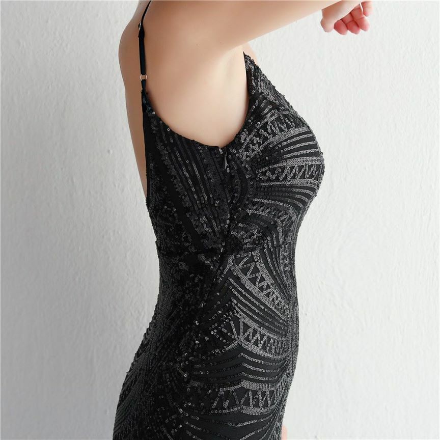 Low Back Spaghetti Mermaid Evening Gown (Black) (Made To Order)