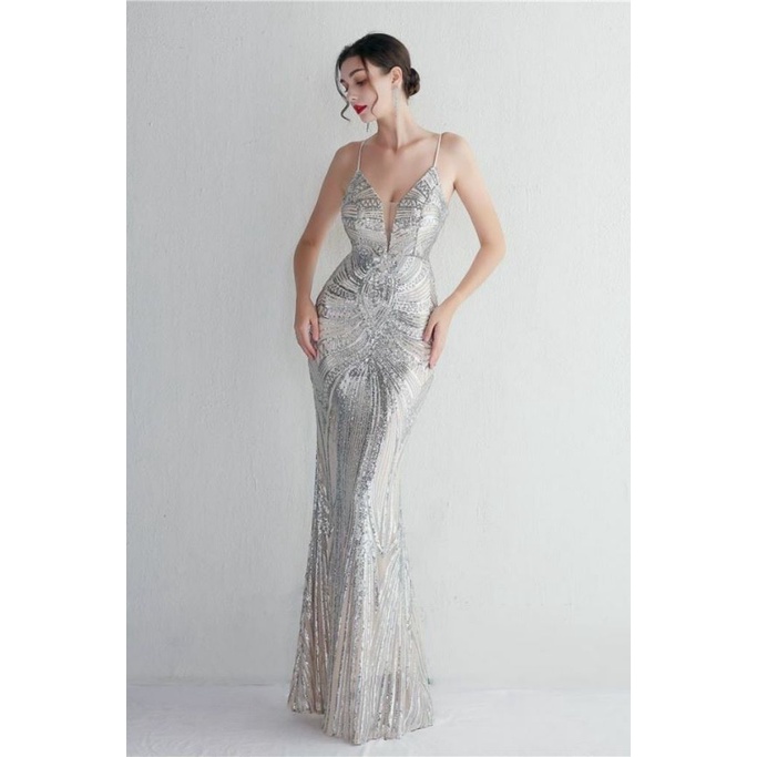 Low Back Spaghetti Mermaid Evening Gown (Silver) (Made To Order)