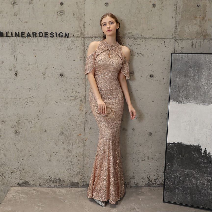 Cold Shoulder Sequins Mermaid Evening Gown (Gold) (Made To Order)