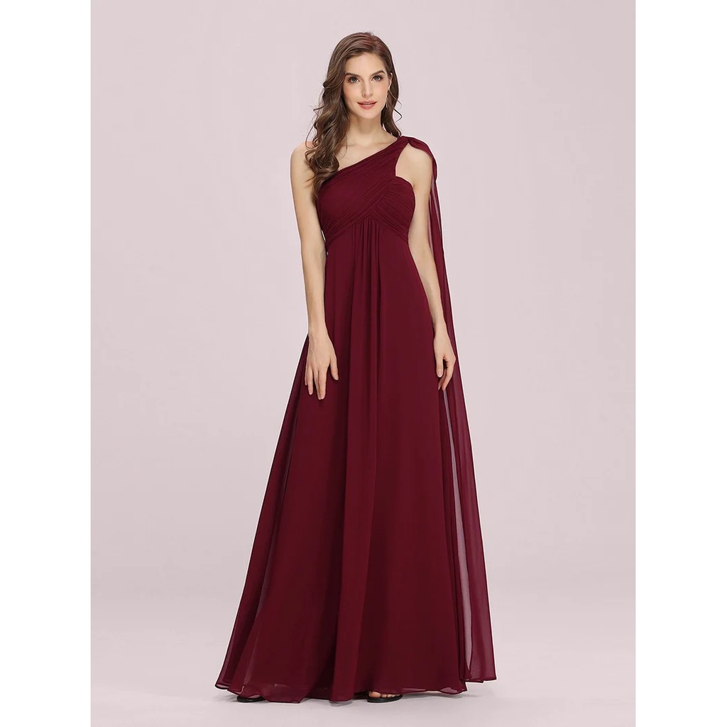 One Shoulder Pleated Chiffon Long Evening Gown (Maroon) (Made To Order)