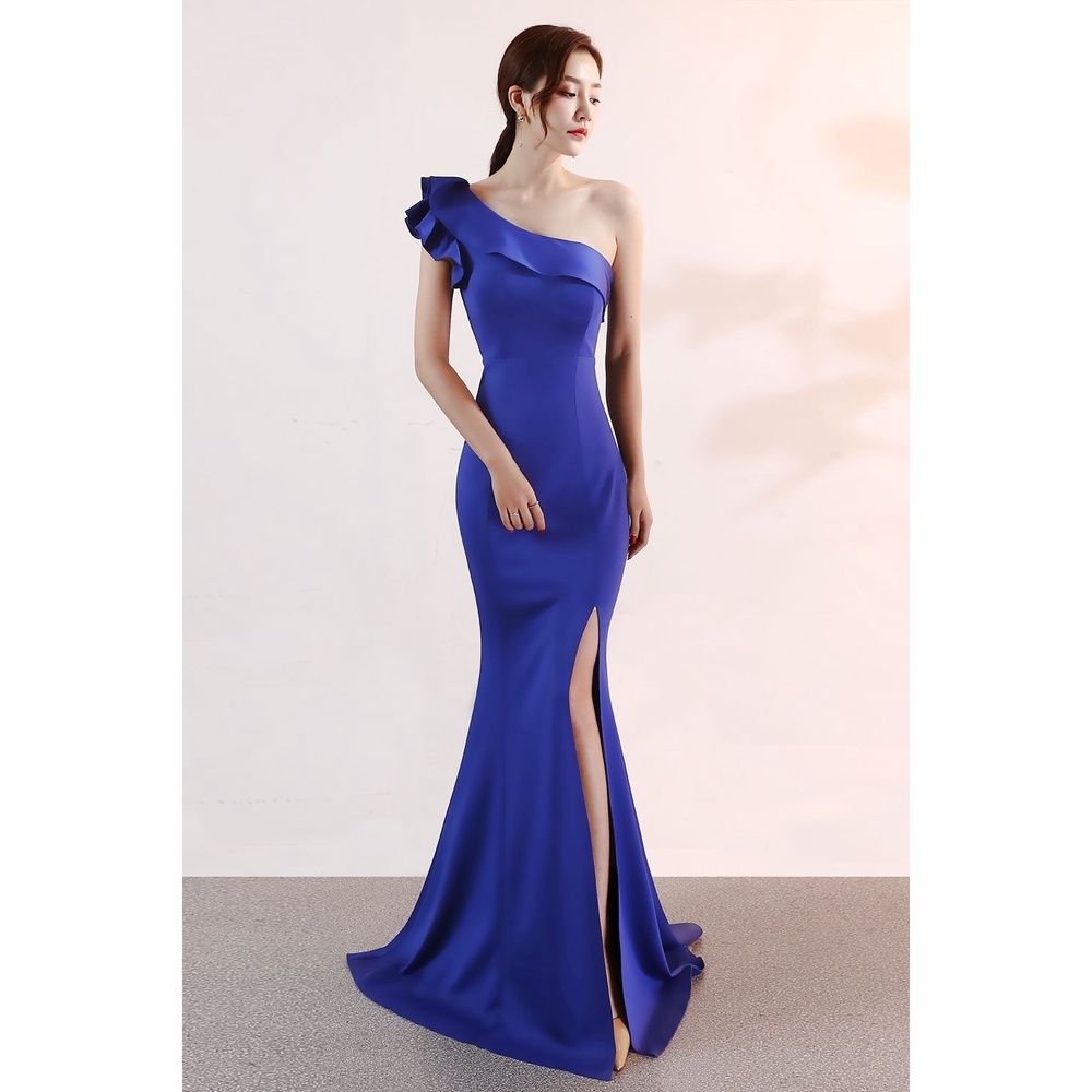 One Side Off Shoulder Ruffles Fitted Evening Gown (Blue) (Made To Order)