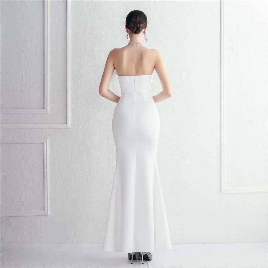 Strapless Feather Bodycon Evening Gown (White) (Made To Order)
