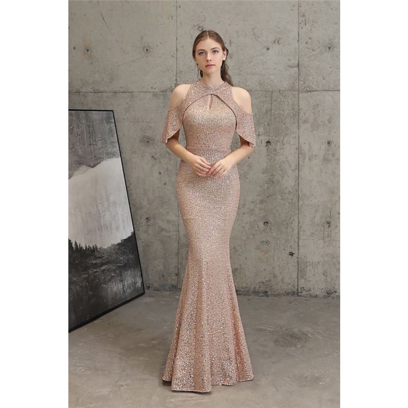 Cold Shoulder Sequins Mermaid Evening Gown (Gold) (Made To Order)