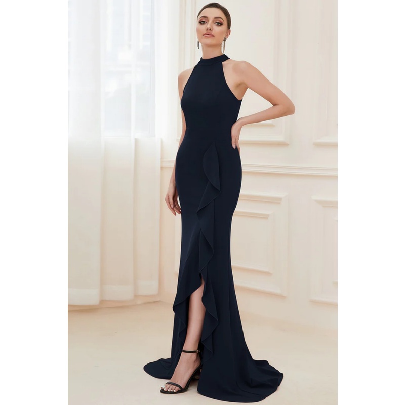 Halter Neck Pencil Evening Dresses with Ruffles High Slit (Navy Blue) (Made To Order)