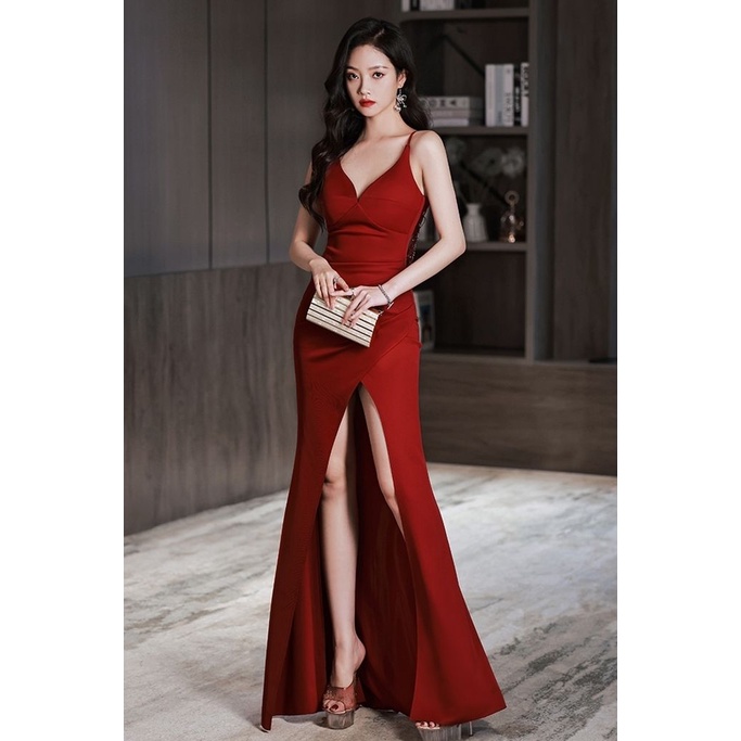 Spaghetti V Neck With Back Chain Evening Gown (Burgundy) (Made To Order)