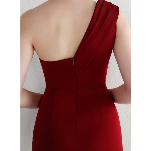 One Side Off Shoulder with High Slit Evening Dress (Maroon) (Made To Order)