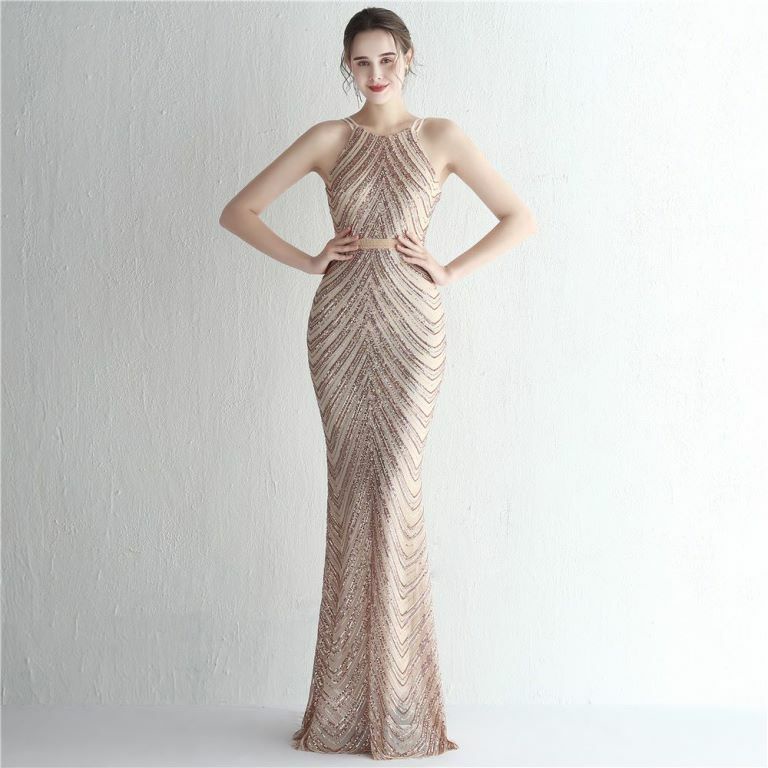 Halter Sequins with Cape Skirt in Mermaid Style Evening Gowns (Gold) (Made To Order)
