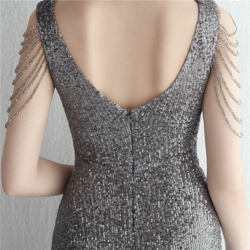 Illusion V-Neck Folded Waist Evening Gown (Silver) (Made To Order)