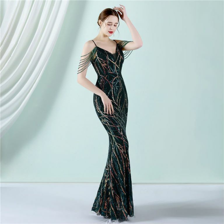 Spaghetti Pattern Sequins Mermaid Evening Gown (Green) (Made To Order)
