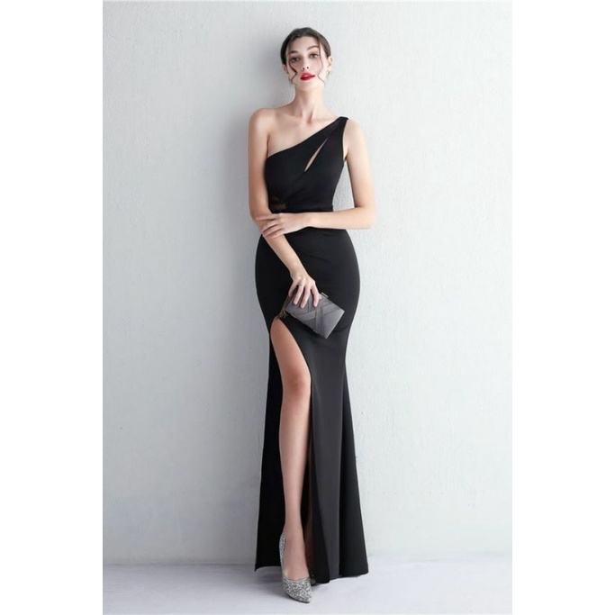 Elegant One Side Off Shoulder with High Slit Gowns (Black) (Retail)