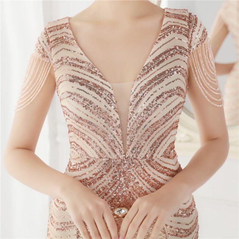 Illusion V-Neck Sequins with Beads Mermaid Evening Gown (Rose Gold) (Made To Order)